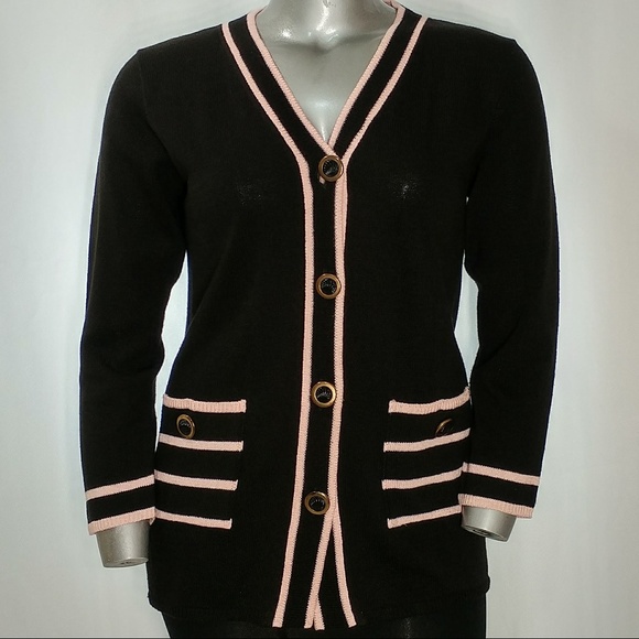 Vintage Sweaters - Vintage Blk w/Pink Trim V-Neck Pocket Cardigan 14